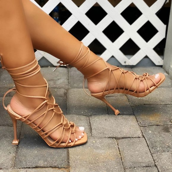 NEW🔥 Nude CrissCross Cage Gladiator Stiletto High Heel Sandals Open Toe Lace-Up - Picture 2 of 2